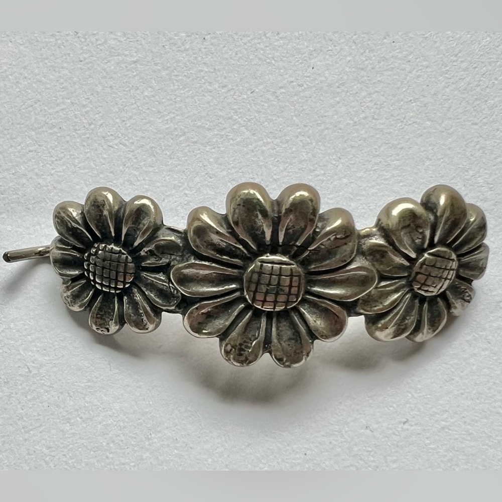 Floral Barrette Silver-Toned cast Metal Hair Clip 2”L